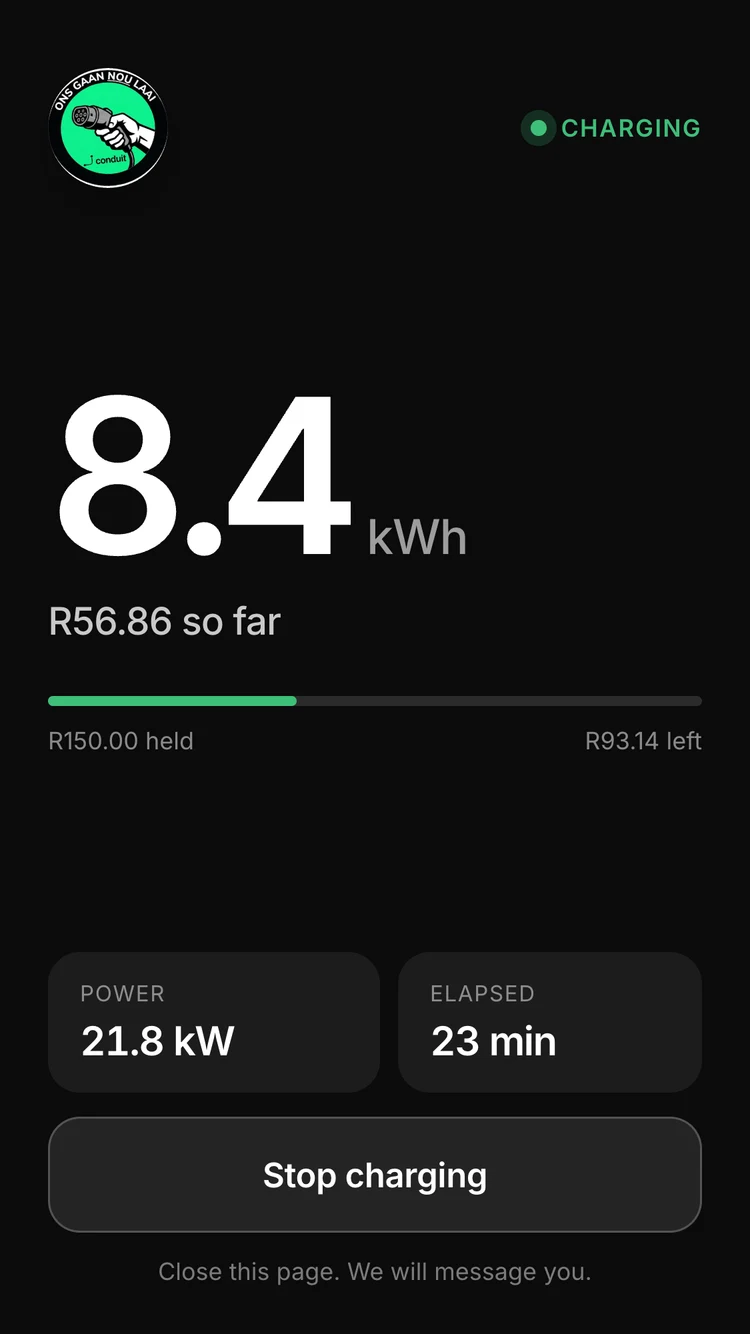 Second screen: the charge in progress, with the kWh delivered so far