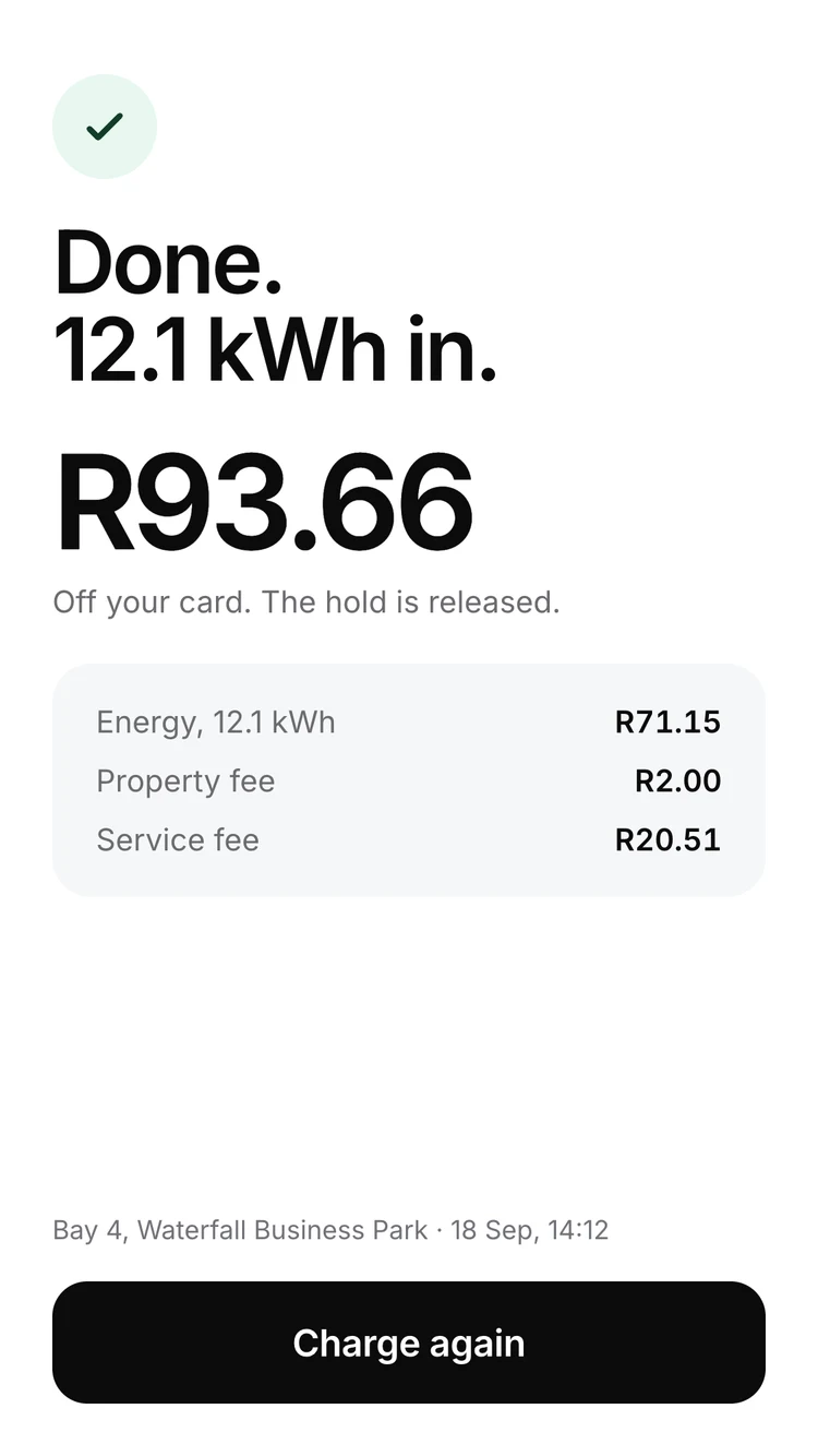 Third screen: the receipt, with the energy, the site fee and the Conduit fee