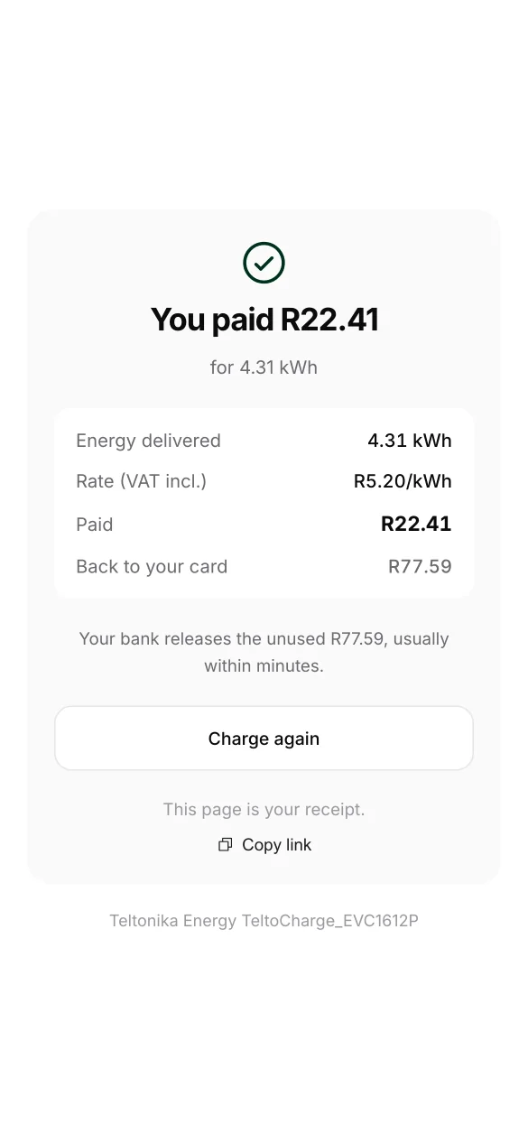 The receipt showing what was paid and what returns to the card